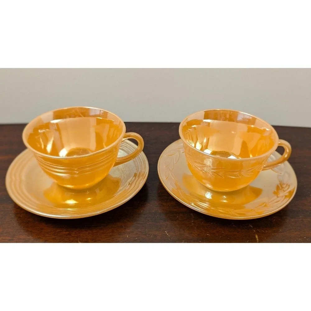 Fire King Peach Lustreware Cup Saucer Set Anchor Hocking Vintage Glass 4pc